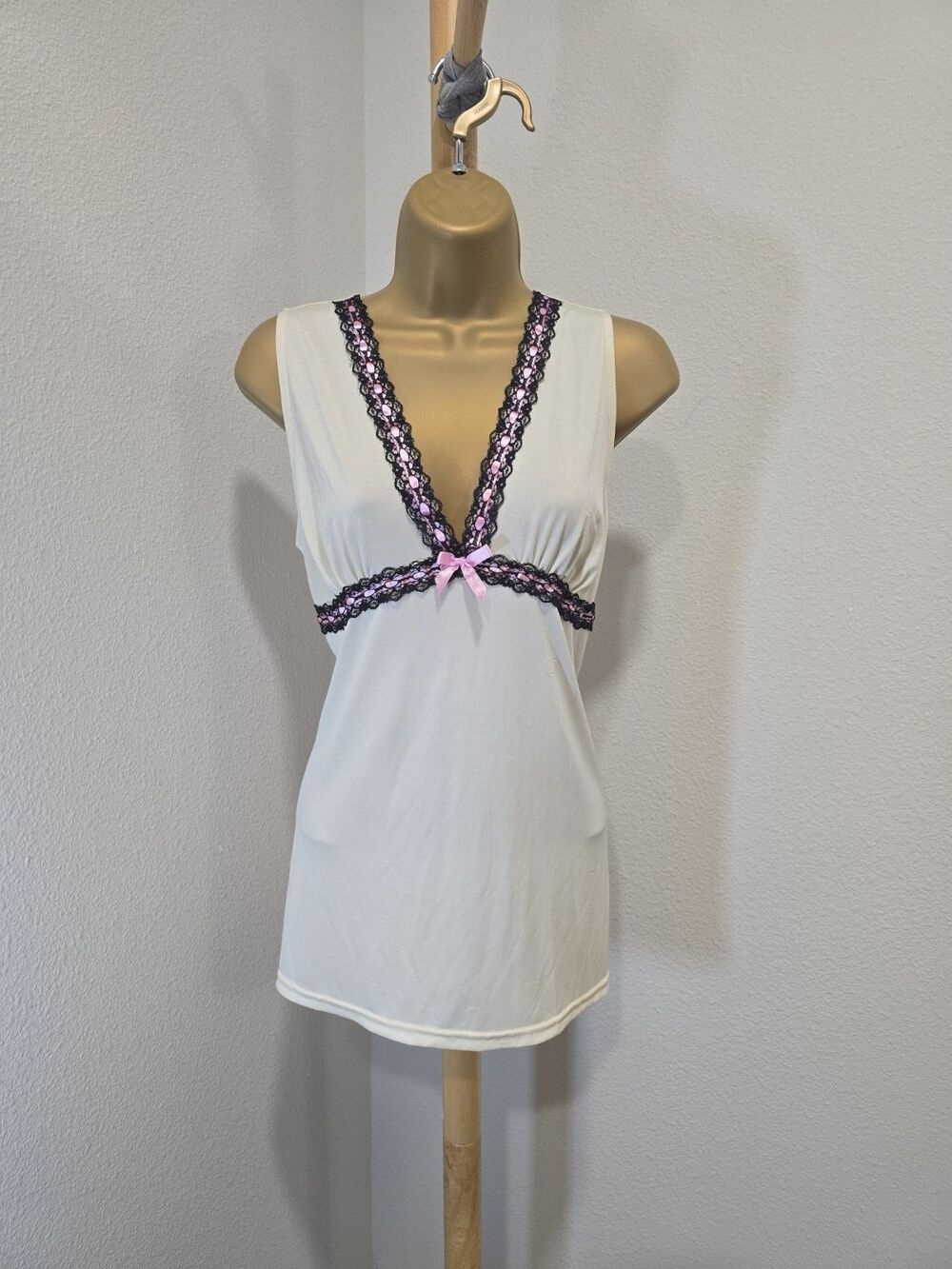 Vintage Y2K Babydoll Long Camisole Top M Pink Ribbon Lace Feminine Dainty Fairy